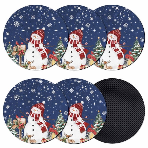 Navy Blue Christmas Coasters Set of 6, Absorbent Coasters for Drinks, Snowman Gifts Xmas Tree Snowflake Winter Coaster for Desk Coffee Table Protection, Home Decor House Warming Gifts 4"