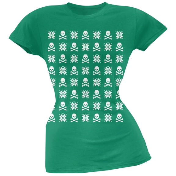 Skull And Crossbones Snowflake Ugly Christmas Sweater Green Juniors T-Shirt - Large
