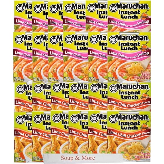 Maruchan Ramen Instant Cup Noodles 24 Count - 12 Lime Chili Chicken Flavor & 12 Lime Chili Shrimp Flavor Lunch / Dinner Variety, 2 Flavors