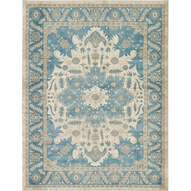 Unique Loom Salzburg Oriental Inspired Border Rug 9' x 12' Rectangle Beige/Blue