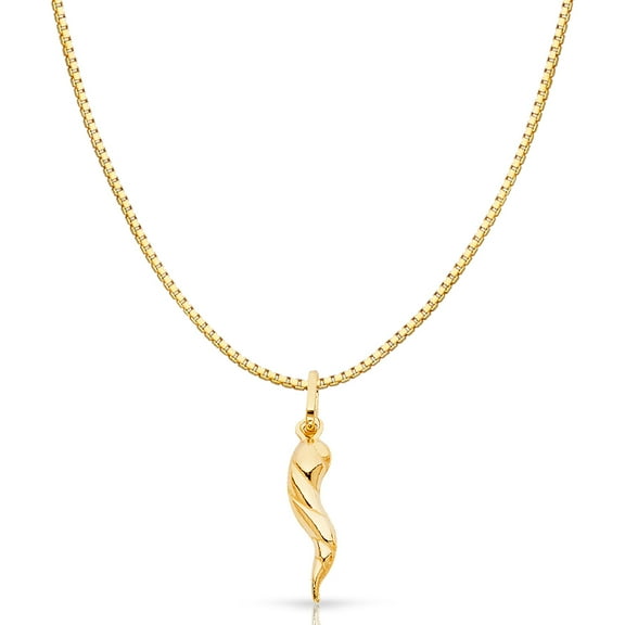 Ioka 14K Yellow Gold Twisted Cornicello Italian Horn Pendant Necklace with 0.8mm Box Chain- 16"