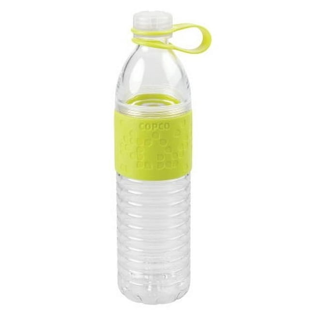 Copco 2510-2194 Hydra Reusable Tritan Water Bottle with Spill Resistant Lid and Non-Slip Sleeve, 169-ounce, Purple. The image shows a clear single-wall BPA-free Tritan bottle with a vibrant yellow non-slip textured sleeve and a matching loop handle attached to the spill-resistant sealing lid. Designed for easy filling with a twist-open body, suitable for adding ice, lemons, or limes. Ideal for on-the-go use, school lunches, or gym bags. Dishwasher safe, hand washing recommended.