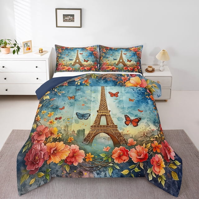 Ensemble de Douillette Tour Eiffel pour Garçons Filles, Literie à Imprimé Papillons de Rêve, Format Grand Lit, Literie Florale Rustique, Ensembles de Douillette, Style Français, Couette pour Enfants Ados, Courtepointe à Thème Romantique, Bleu