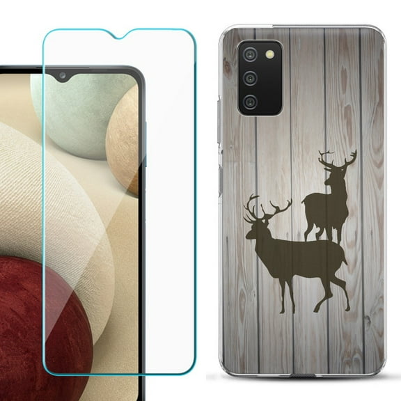 Slim-Fit TPU Fashion Phone Case for Samsung Galaxy A03s, with Tempered Glass Screen Protector, by OneToughShield ® - Wood/Deer