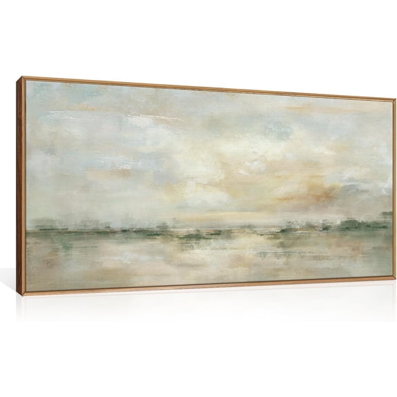 Large Abstract Green Gray Pastel Framed Canvas Wall Art,Neutral Landscape Wall Decor,Modern Watercolor Lake Artwork,Beige Textured Illustrations Art for Living Room,Bedroom,Office- 20"x40"x1