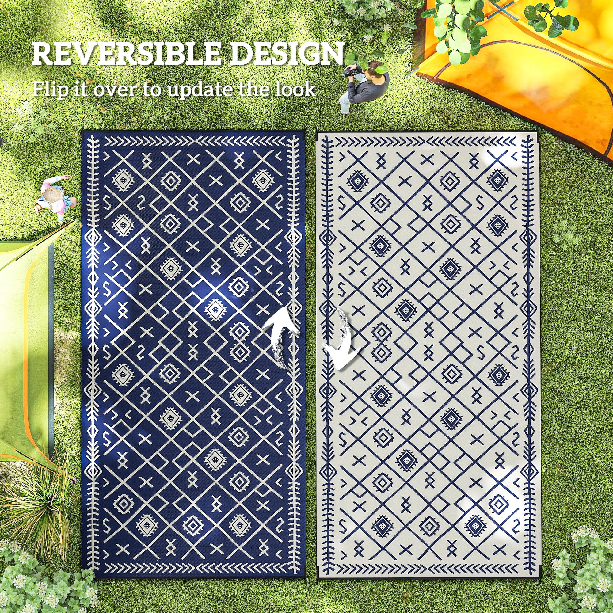 Outsunny Outdoor Patio Rug, Large Camping Carpet with Carrying Bag, 9' x 18' Waterproof Plastic Straw, Reversible, Blue & White Rhombus