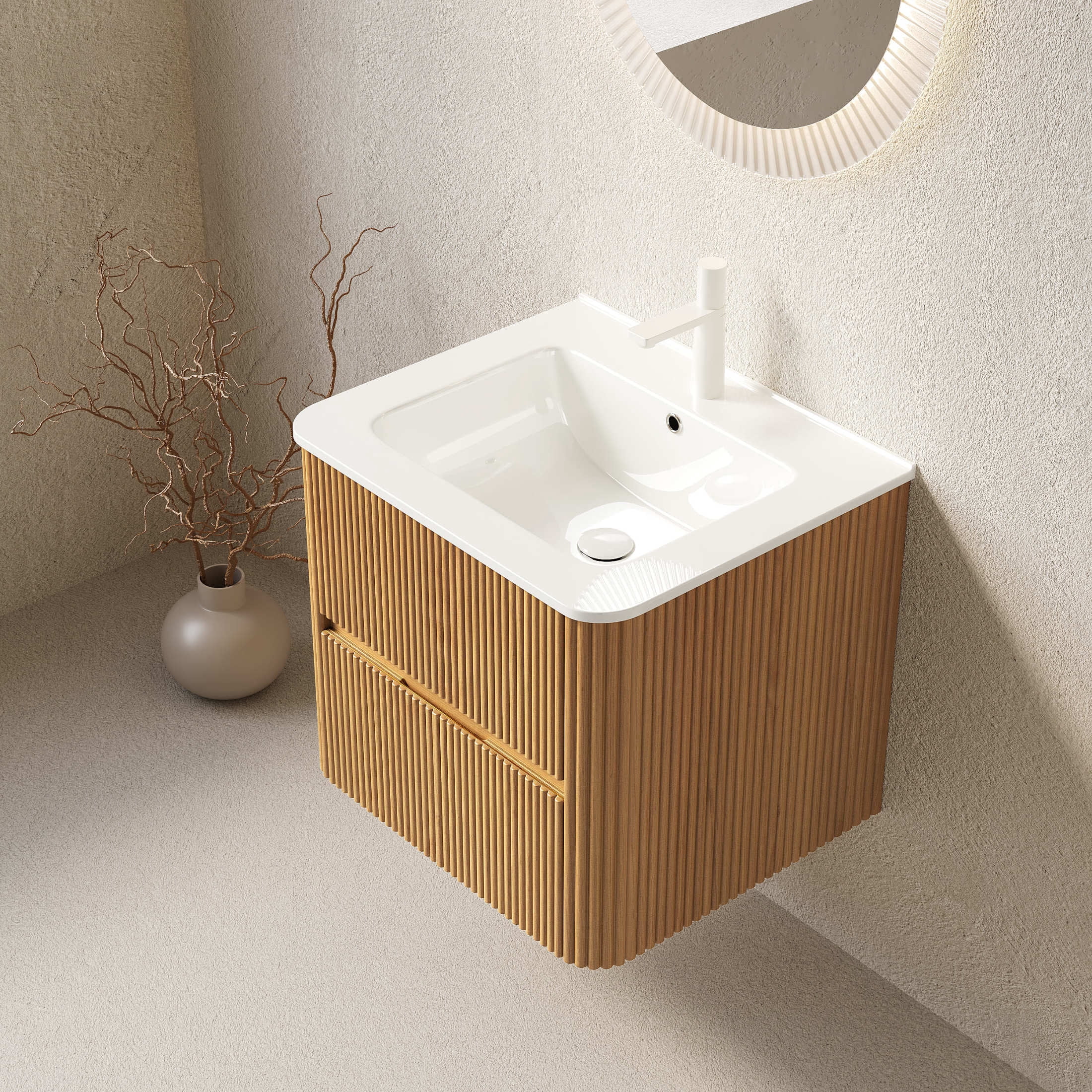 Noble House Noor 24" Floating Bathroom Vanity with Seamless Ceramic Basin, Retro Soft-Close Drawers, Oak