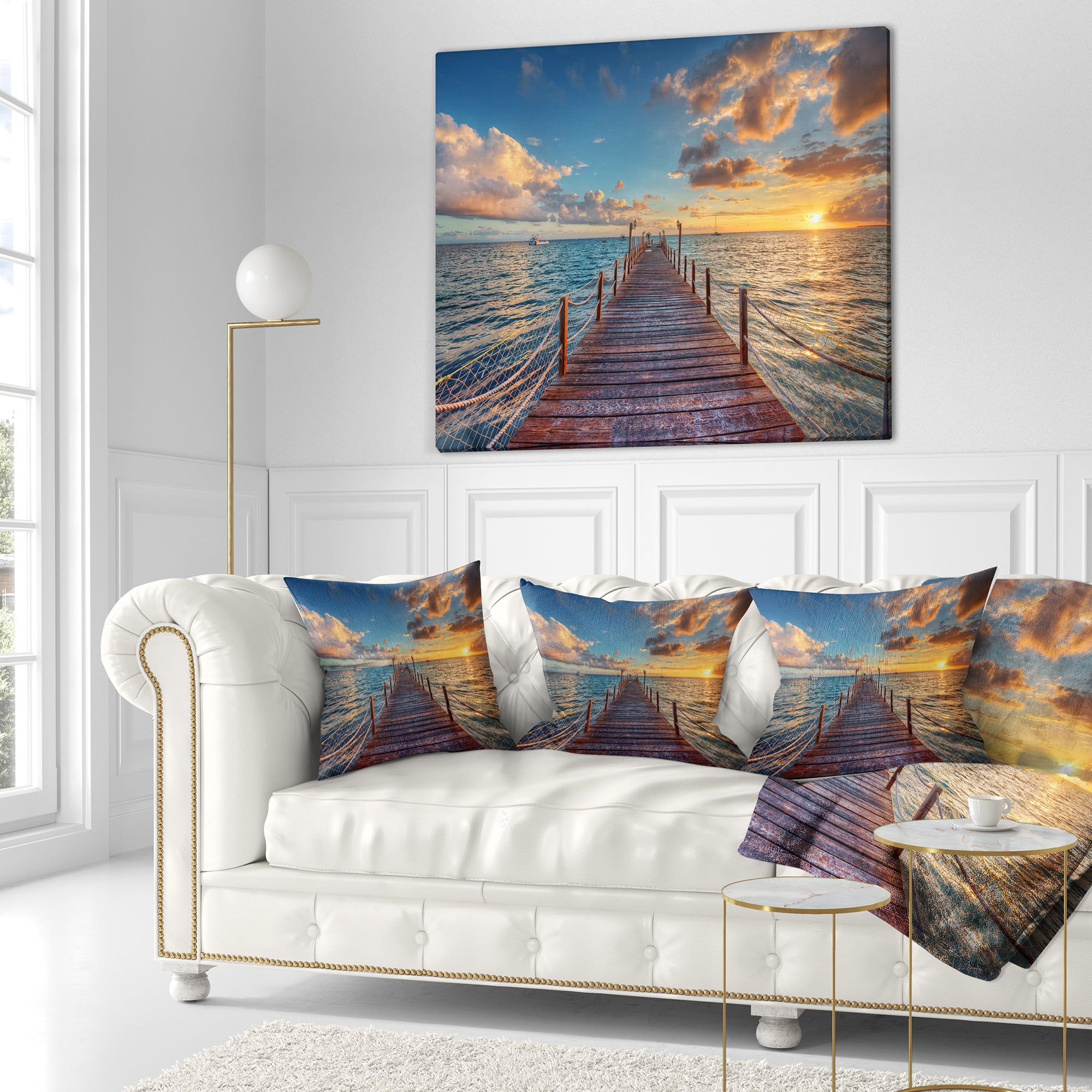 Designart Brilliant Sunrise over Sea Pier - Modern Throw Pillow - 18x18