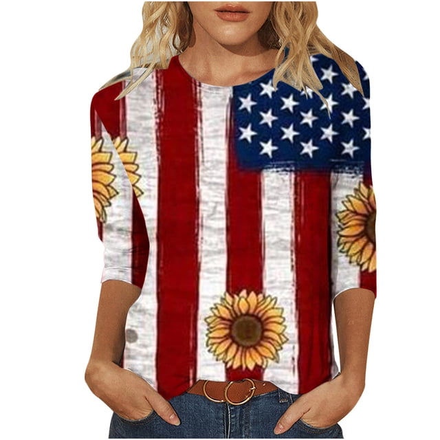 Birdeem T-Shirt Imprimé Mode pour Femmes Manches 3/4 Mi-Longueur Blouse Col Rond Hauts Décontractés