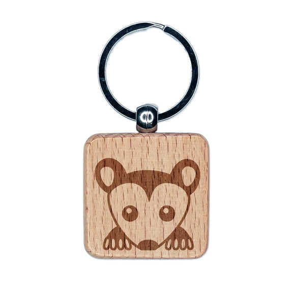 Peeking Possum Opossum Square Keychain Charm Tag - Engraved Wood