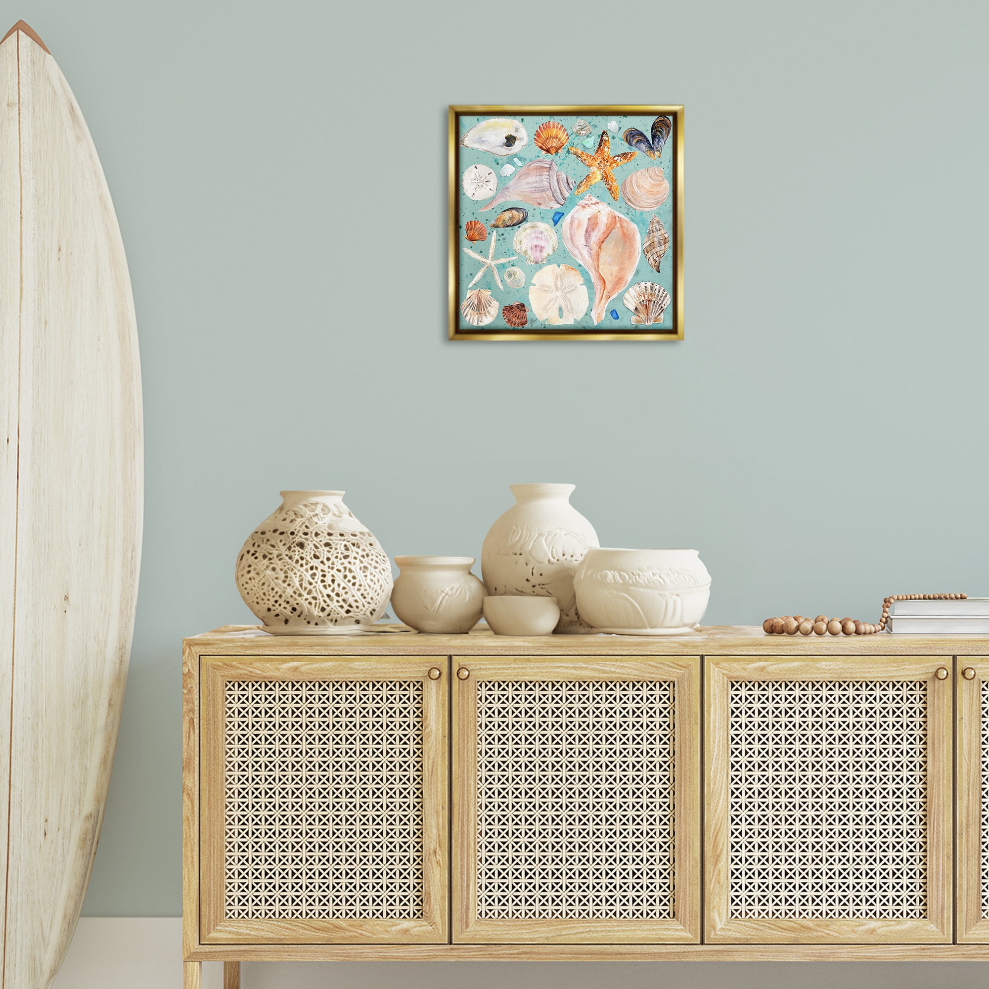 Stupell Industries Seashell Puzzle Pattern Coastal Painting Gold Floater Framed Canvas Art Print Wall Art, 18 x 18