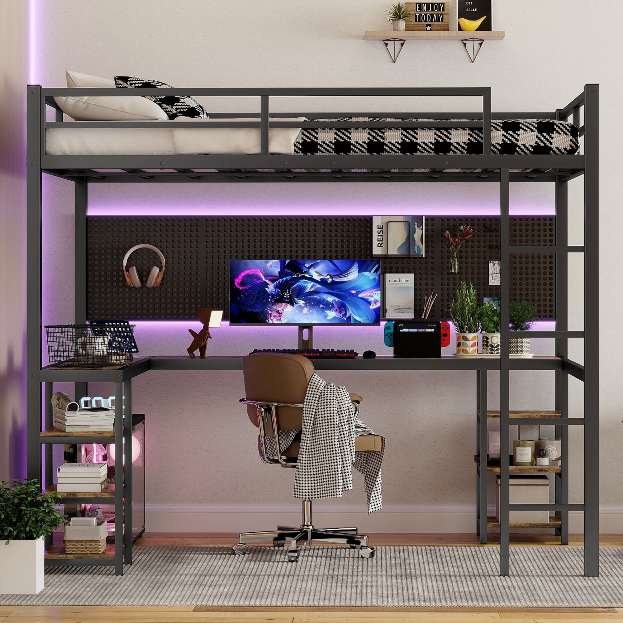 Mintazer Full XL Loft Bed with L-Shaped Desk & Storage Shelves, Metal Loft Bed Frame with Ladder and Guardrails for Bedroom, Black