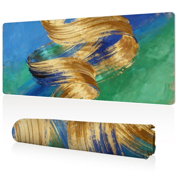 LIVEKEY Mouse Pad Ultra Large 80x40x0.3cm Full Desk Coverage Gold Swirl on Blue Green Gradient Art with Stitched Edges for Gaming and Office