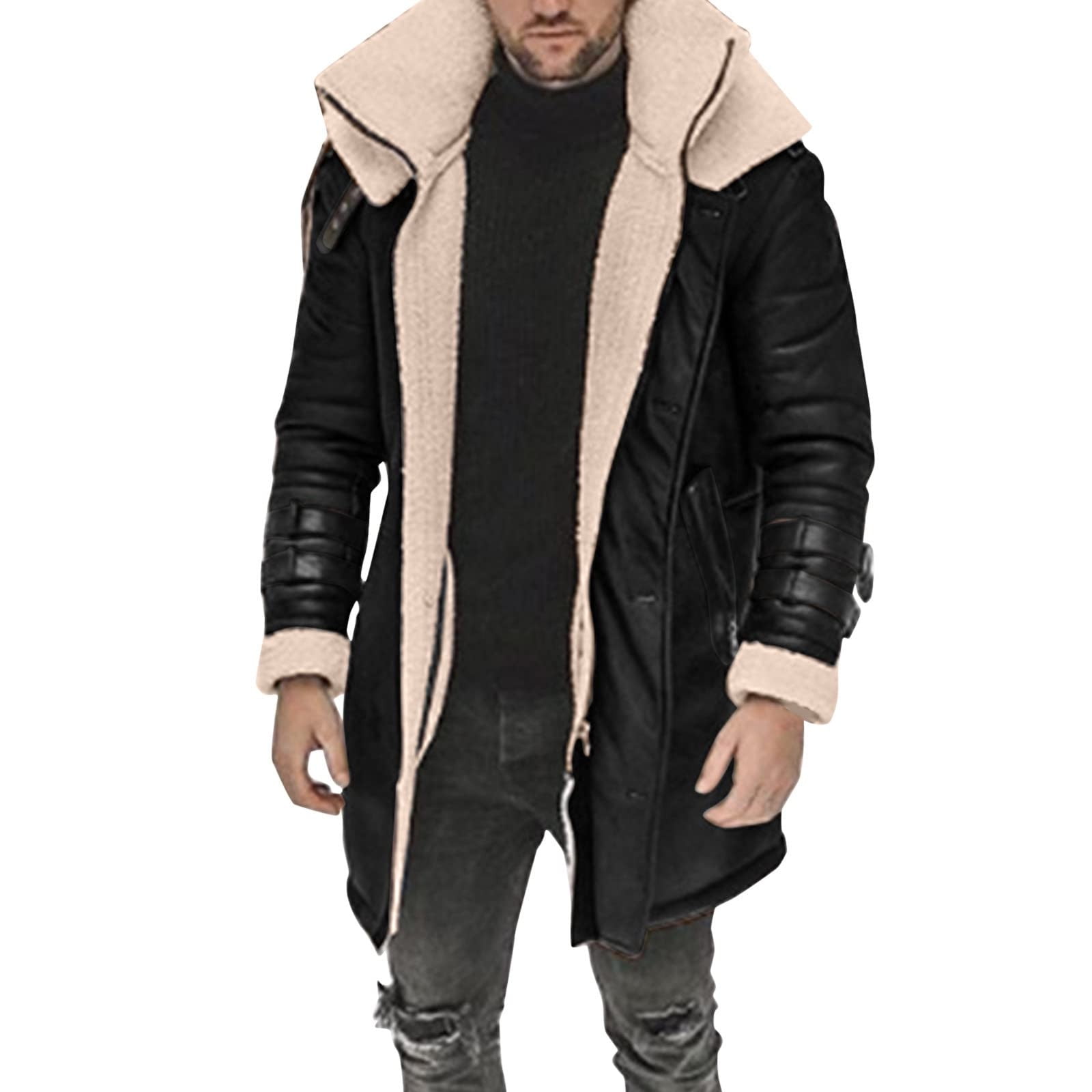RongHuan Men's Big and Tall Faux Leather Coat Fleece Sherpa Lined Warm Trench Coats Winter Faux Fur Collar Jacket Thickened Long Sleeve Outwear