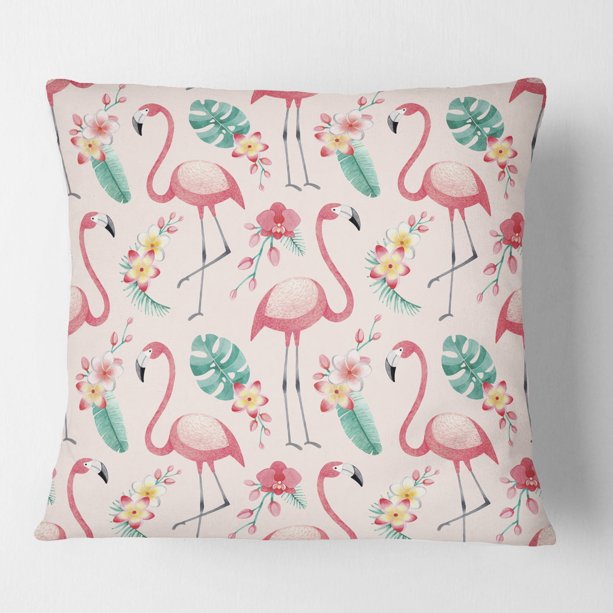 Designart Tropical Botanicals, Flowers And Flamingo II' Mid-Century Modern Throw Pillow - 18x18
