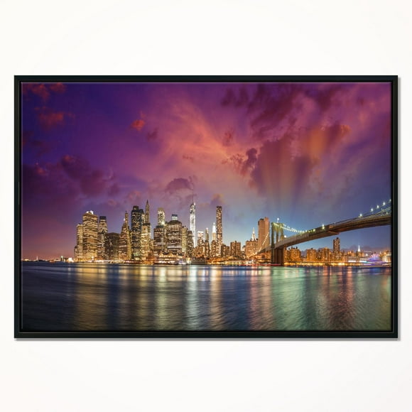Design Art New York Manhattan Skyline with Clouds Framed Canvas Art Print