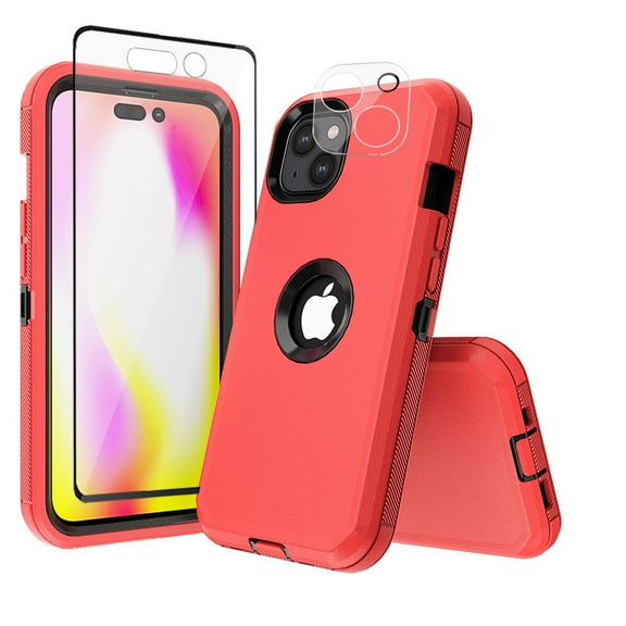 Xhy iPhone 14 Case with Screen and Lens Protector Military Grade Heavy Duty Protection 3 in 1 Shockproof Armor Rugged Durable Detachable for iPhone 14 6.1 inch 2022 Phone - Red Black