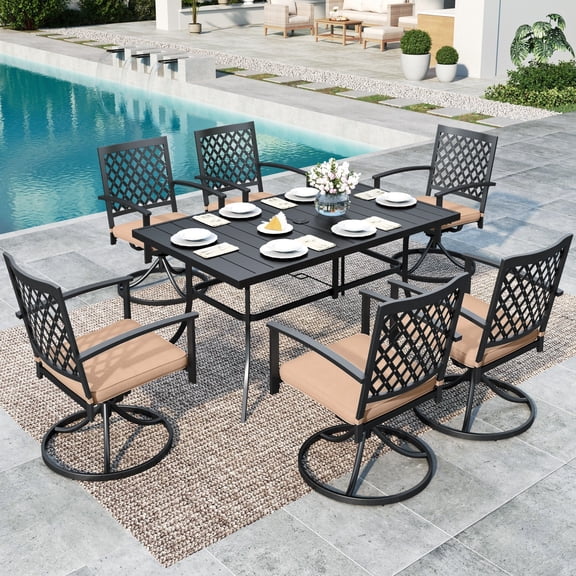 SUMMIT LIVING 7-Piece Outdoor Patio Dining Set with Swivel Cushioned Chairs & 6 Person Table, Black