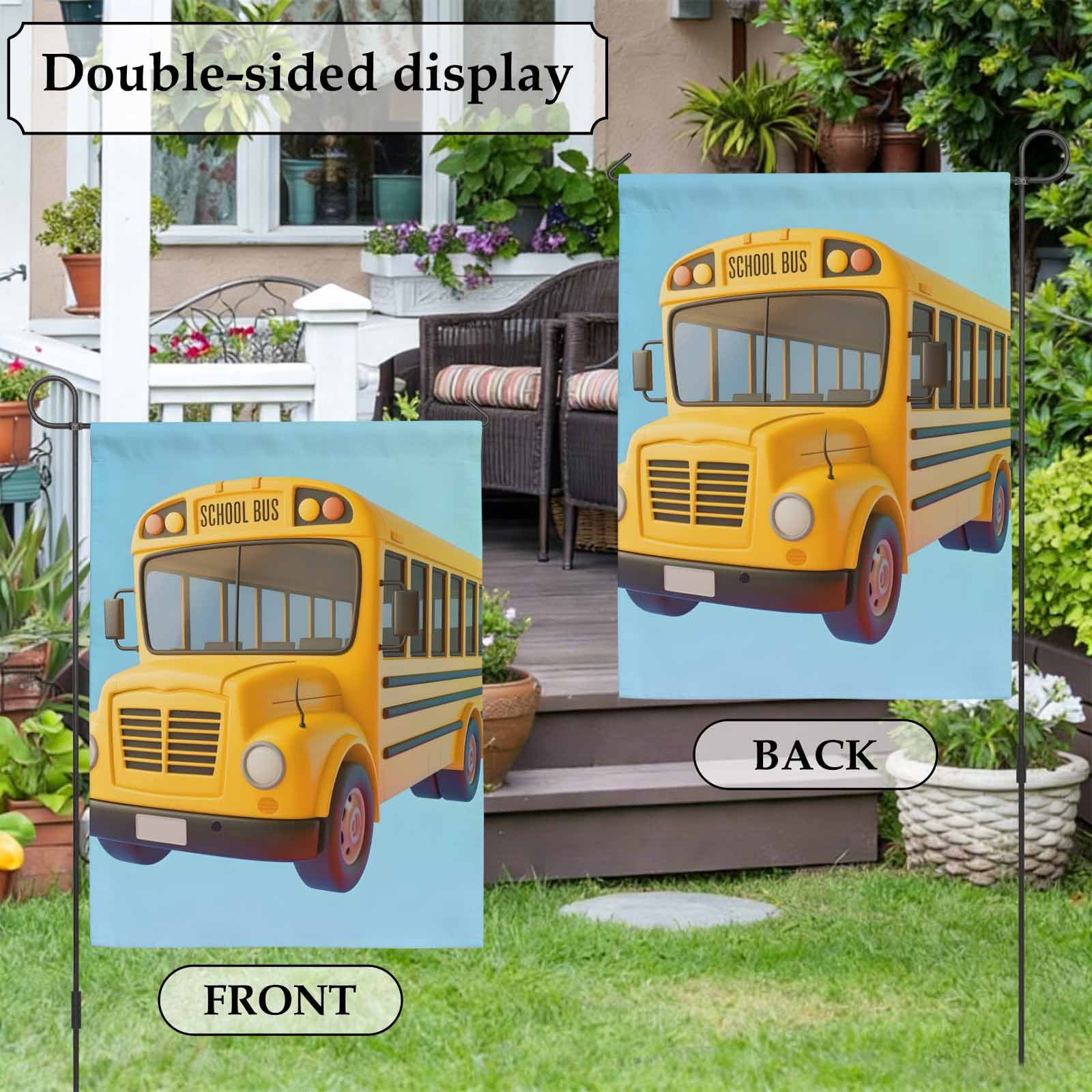 Yellow School Bus House Flag 28 x 40 Inches, Blue Background Cartoon 3D Simple Weather Proof Outdoor Patio Flags Double Sided Small House Decoration for Yard Lawn Outside Home