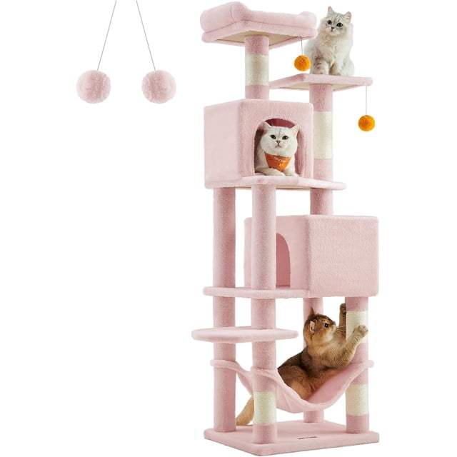 FEANDREA Árbol para Gatos de 155 cm de Altura, 49 x 40 x 155 cm, Rascador para Gatos con 5 Postes, Felpa Multicapa, Rosa Jalea