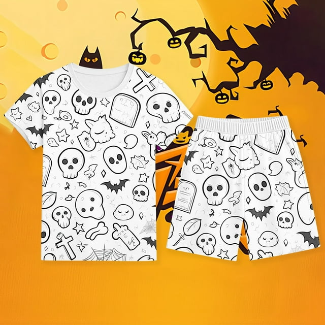 Ensemble de Pyjama pour Garçons Confortable Imprimé Halloween Manches Courtes Shorts Tenue Décontractée pour Enfants 2-12 Ans