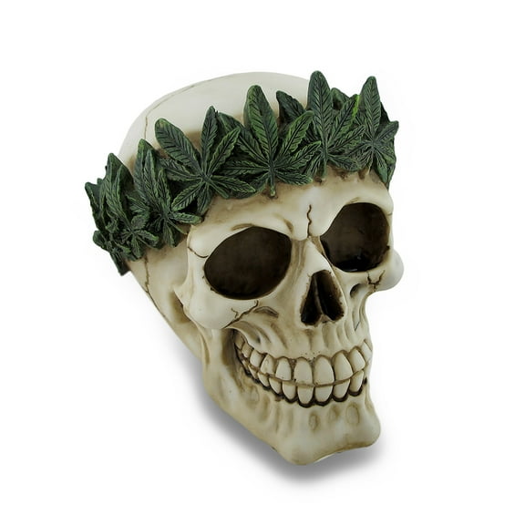Zeckos Pot Head Leaf Headband Human Skull Statue