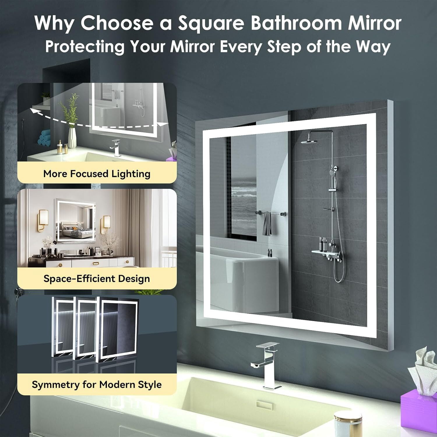 BEAUTYPEAK 47"x 47" LED Bathroom Mirror with Lights for Wall 3 Colors Anti-Fog Vanity Mirror