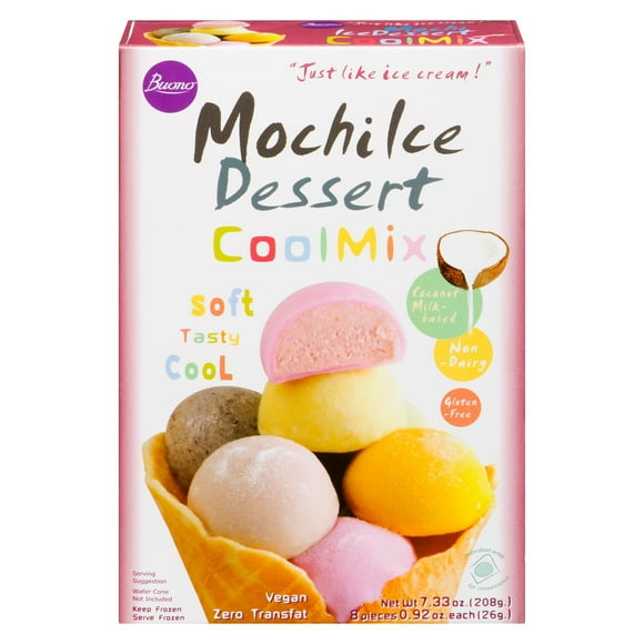 Buono Mochi lce Dessert – Non-Dairy Frozen Dessert Mochi Assorted, 208g– 8 pieces ,each 26g.
