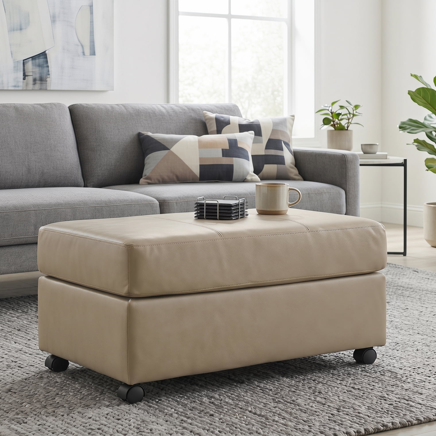 Roundhill Furniture Sakan Leather Upholstered Ottoman, Beige