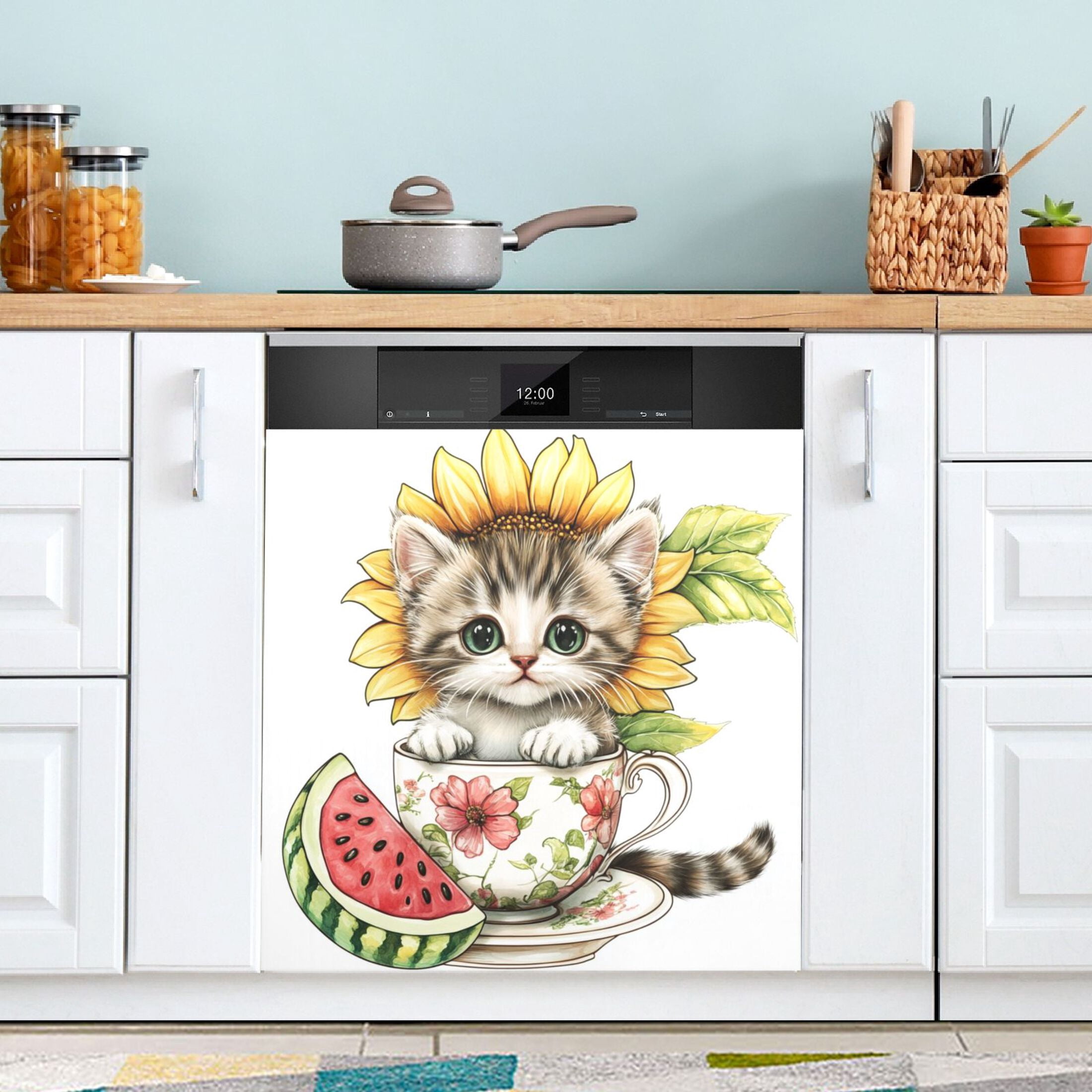 Dishwasher Magnetic Sticker 23x26 Inch Refrigerator Magnetic Sticker Washing Machine Magnetic Sticker Kitchen Panel Magnetic Sticker Home Decor Teacup Black Kitten