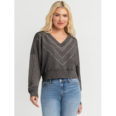 Jessica Simpson Women's and Women's Plus Rahmona Studded V-Neck Pullover Top, Sizes XS-4X