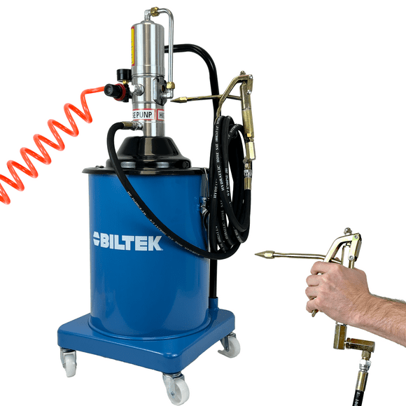 Biltek Portable 5 Gallon 20L Air Operated Grease Pump with 20FT High Pressure Hydraulic Hose, 360-degree Swivel Grease Gun, Pneumatic Grease Bucket Pump with Wheels, 50:1 Pressure Ratio