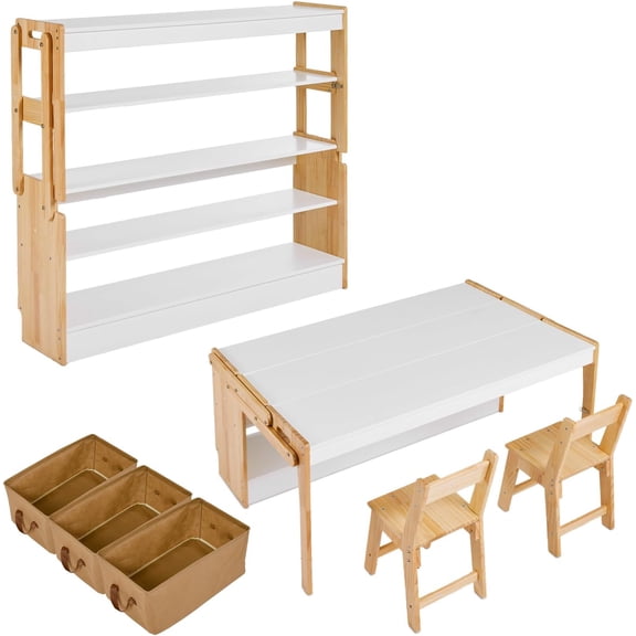 Garvee Kids Art Table with 2 Chairs Set, 47.2IN Convertible Toddler Activity Table to Storage Shelves, Craft Play Desk for Kids with 3 Storage Box, Toddler Table and Chair Set for Playrooms
