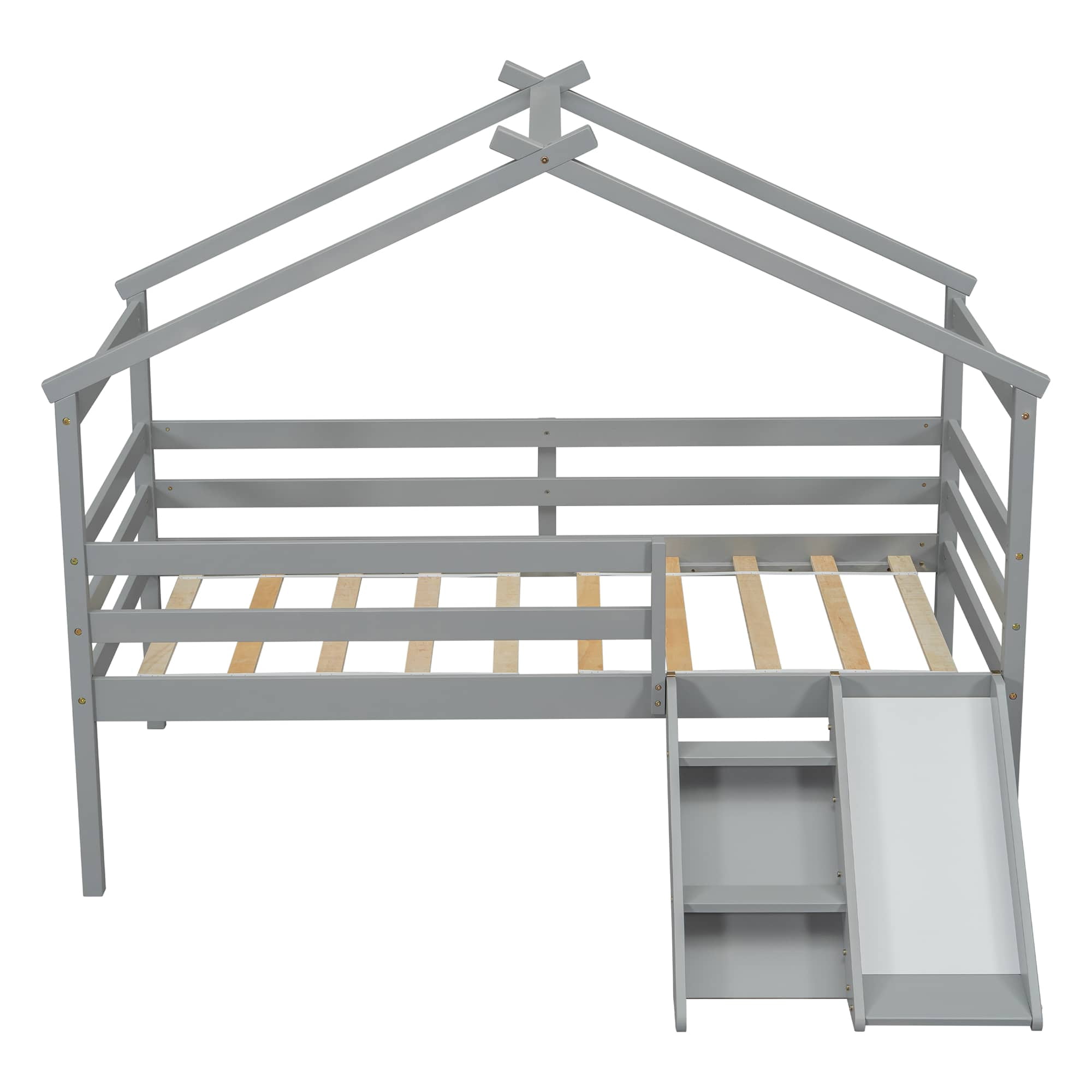 MAYEERTY Twin Loft Bed with Slide, Ladder, Safety Guardrails, House Roof Frame, Grey