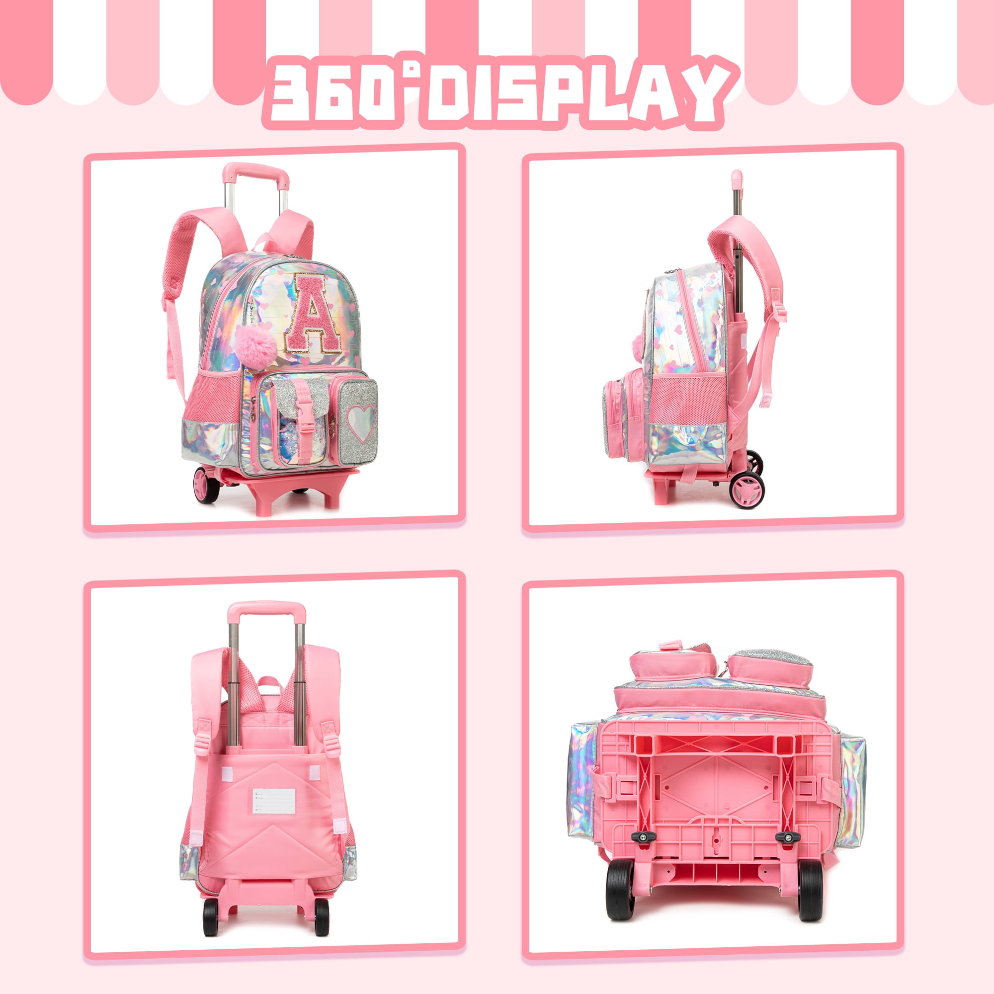 Kids Rolling Backpack with Wheels for Girls Pink Backpacks for School Elementary Student Wheeled Bookbag with Lunch Box Pencil Case