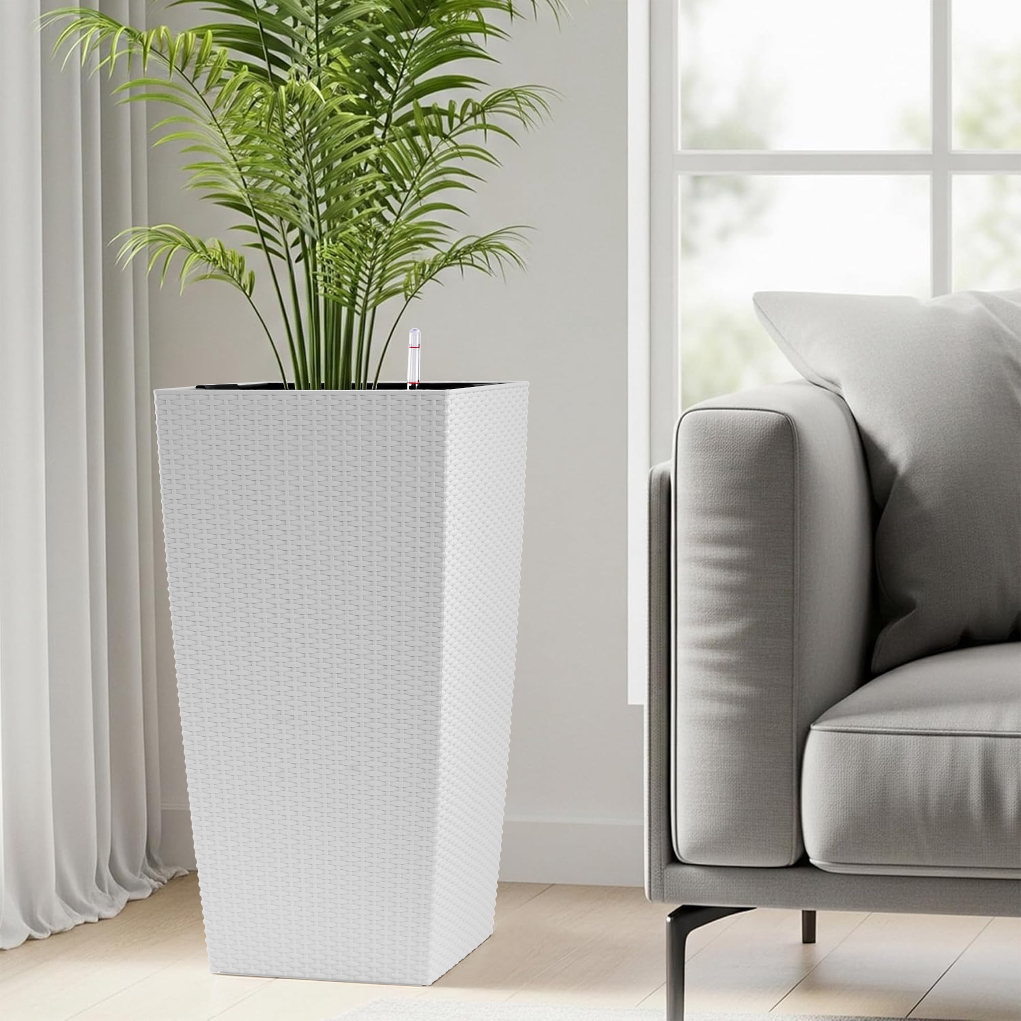 Outdoor Planter, 30 Inch Tall Self Watering Flower Pot for Garden Yard Patio Planting, White