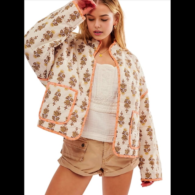 Chaqueta Acolchada Corta con Estampado Floral Vintage para Mujer, Chaqueta Corta Abierta Al Frente, Ropa de Abrigo Naranja M