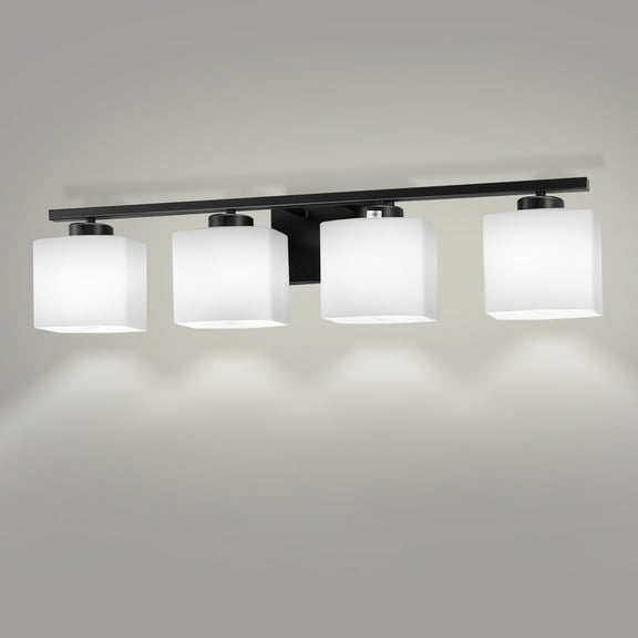 Briignite 4-Light Bathroom Light Fixture with Milk Glass Shades, Modern Stylish Vanity Lighting Fixtures for Bathroom, Black and White