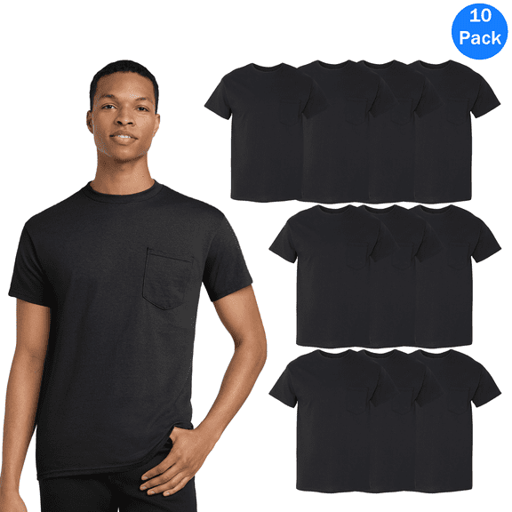 Gildan Heavy Cotton Pocket Short Sleeve T-Shirt for Men, Rib Collar Casual Black Tee, 10 Pack, S