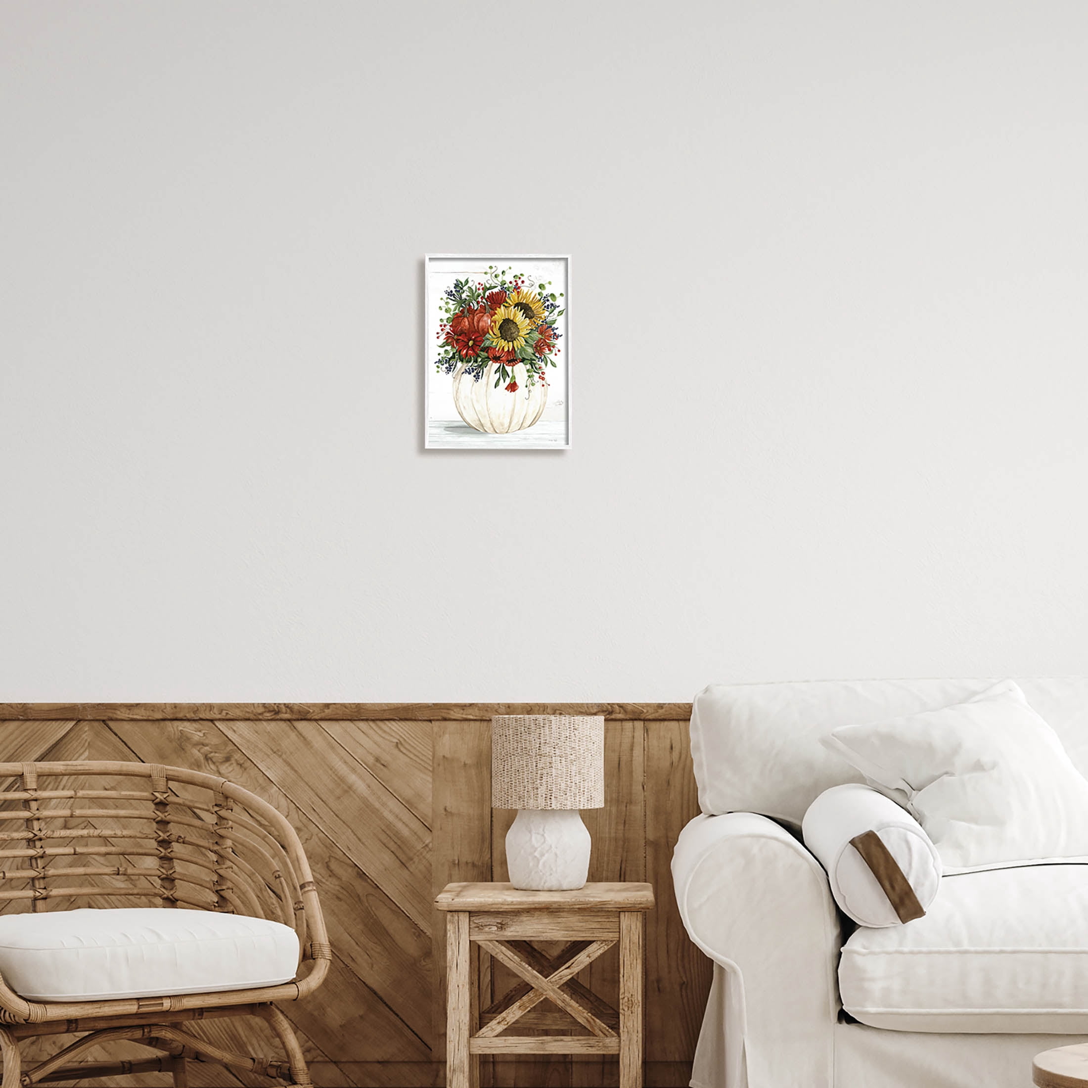 Country Sunflower Pumpkin Bouquet Botanical & Floral Graphic Art White Framed Art Print Wall Art