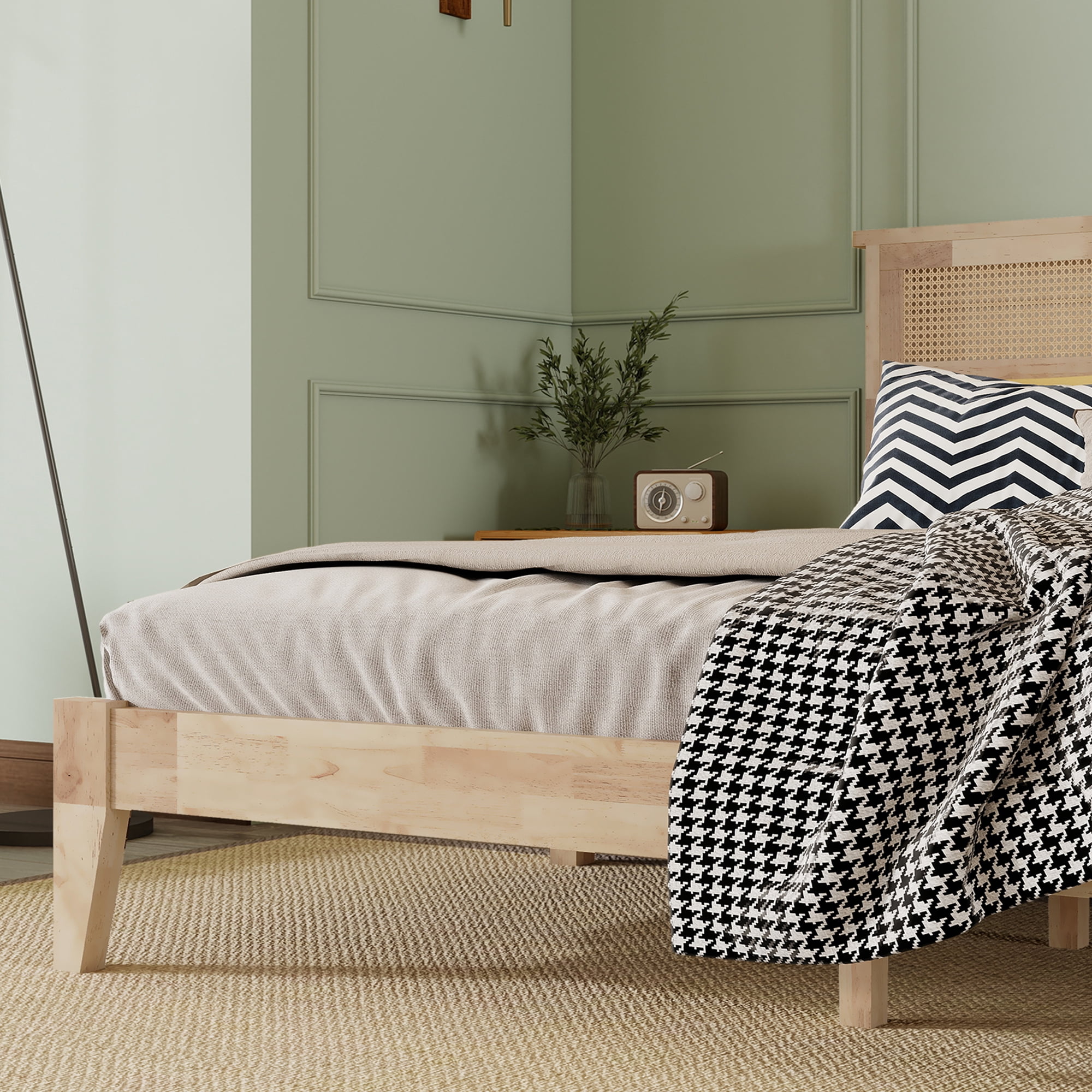 King Size Solid Wood Bed with Rattan Headboard, Rubber Wood Bed Frame with Central Support Beams and 8 Inch Underbed Storage for Bedroom, Natural, 84.5x79.2x40.8 Inch
