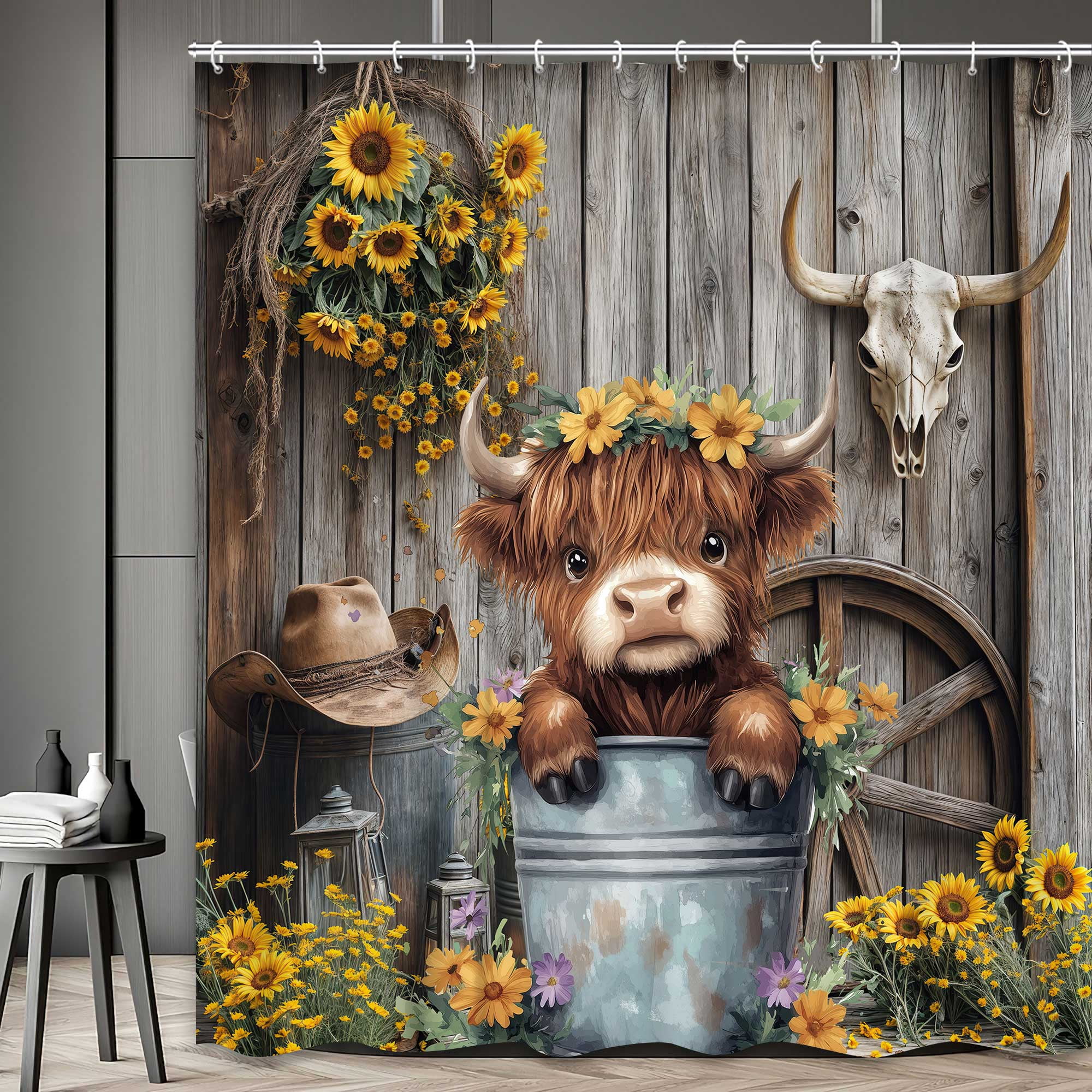 Western Highland Cow Shower Curtain, Farmhouse Cute Cowboy Barn Door Sunflower Bathroom Decor Set, Funny Rustic Cattle in Bucket Fabric Waterproof Bathroom Curtain with Hooks, 70X75in