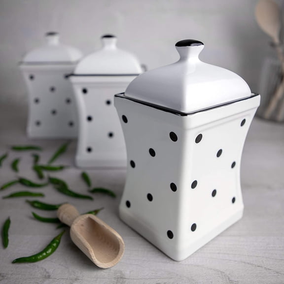 White and Black Polka Dot Handmade, 31.5oz/900ml Ceramic Kitchen Storage Jar Set of 3, Same Size Large Canisters