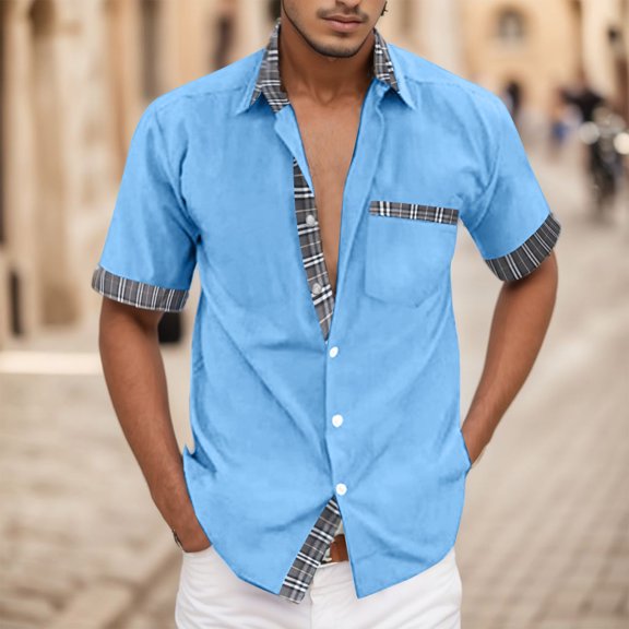 QUINDOS Cotton Hawaii Shirts for Men Button Down Summer Casual Short Sleeve Shirts Loose Plaid Beach Vacation Shirts