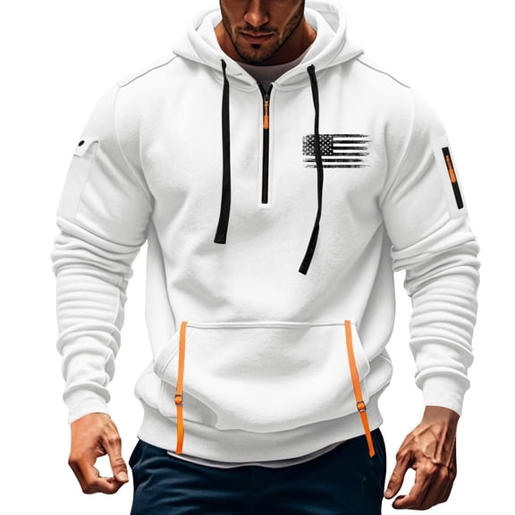 Men's Hoodies Workwear Sweatshirts Quarter Zip Long Sleeve Vintage Pullover Sweatshirt with Multiple Pockets White XXXL