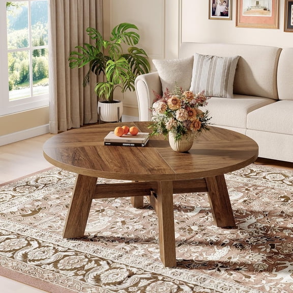 Finmind 39" Round Coffee Table, Mid Century Modern Wood Center Table with Cross Brace, Walnut