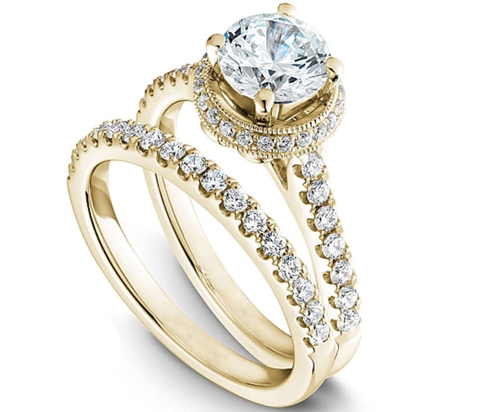 Bezel 2 Carat Round Brilliant Moissanite and Diamond Wedding Ring Set ...
