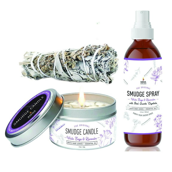 White Sage and Lavender Set Smudge Spray, Candle & White Sage Smudge Stick Bundle | for Cleansing, Meditation, Chakra Healing, Aromatherapy | with Crystals and Herbs
