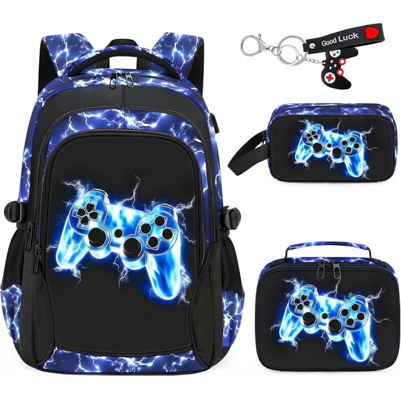School Backpack for Boys - 4pcs Gamer Boys Backpack with Lunch Box Set for Kids Teens Elementary Middle School, 18" Large Capacity Waterproof Bookbag with Usb Charging Port, Daypack for age 6-18