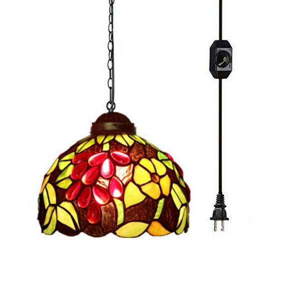 Kiven Plug in Pendant Light, Tiffany Style Hanging Light Fixture with 15FT Plug in Cord, Iron Chain and On/Off Dimmer Switch E26 Socket